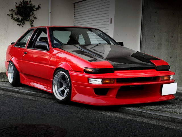 FRONT EXTERIOR OF AE86 TRUENO WITH RUNFREE WIDEBODY AND RED