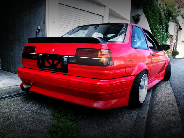 REAR EXTERIOR OF AE86 TRUENO WITH RED PAINT