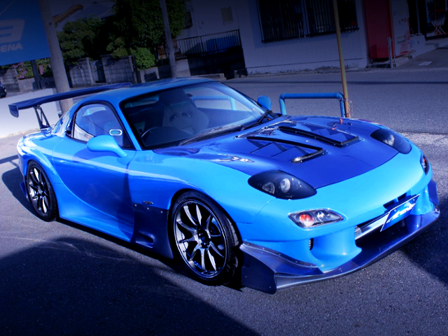 FRONT EXTERIOR OF ARENA DEMOCAR FD3S RX7 TYPE-R TO ARENA BLUE PAINT.