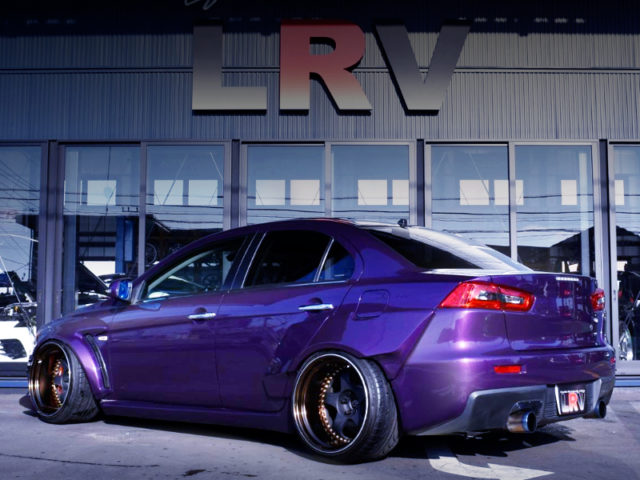 REAR EXTERIOR OF EVO10 GSR WIDEBODY AND PURPLE PAINT.