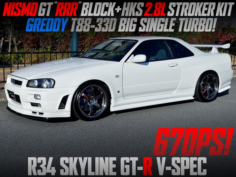 NISMO GT500 BLOCK and T88-33D SINGLE TURBO INTO R34 GT-R V-SPEC.