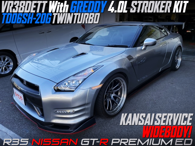 VR38 with GREDDY 4.0L KIT and TD06SH-20G TWINTURBO INTO R35 GT-R WIDEBODY. 