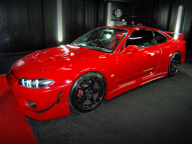 FRONT LEFT-SIDE EXTERIOR OF S15 SILVIA SPEC-R of RED COLOR.