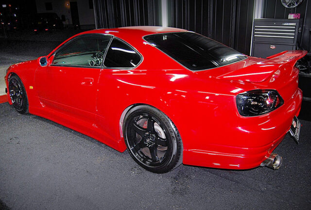 REAR LEFT-SIDE EXTERIOR OF S15 SILVIA SPEC-R of RED COLOR.