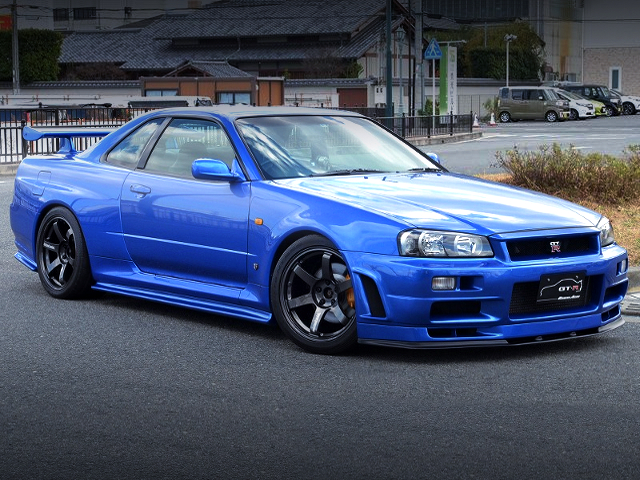 FRONT EXTERIOR of BAYSIDE BLUE R34 GT-R.