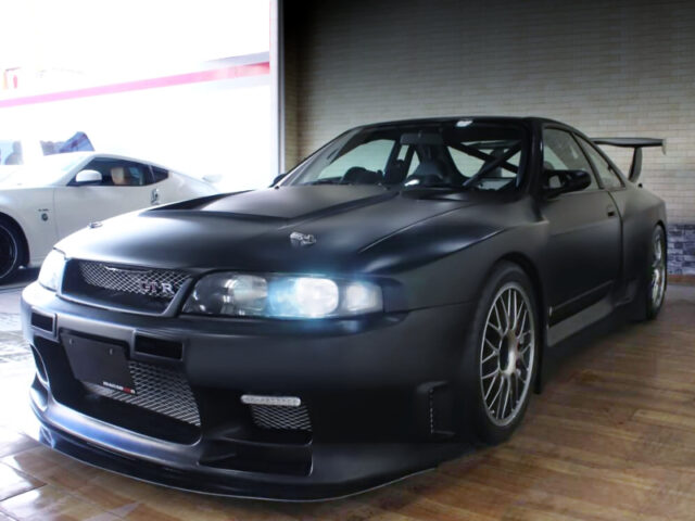FRONT EXTERIOR of WISE SPORTS WIDEBODY MATTE BLACK R33 GT-R.