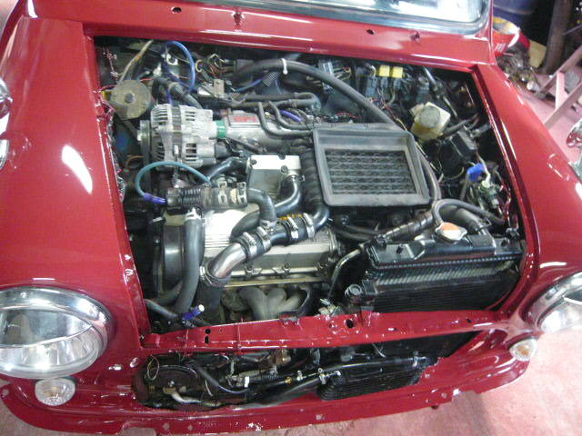 F6A TWIN CAM TURBO ENGINE into CLASSIC MINI ENGINE ROOM.