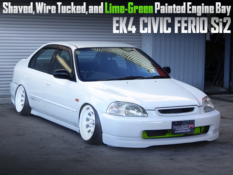 SHAVED,WIRE TUCKED, and LIME-GREEN PAINTED ENGINE BAY of EK4 CIVIC FERIO Si2.