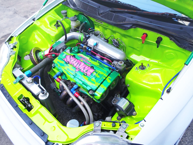 SHAVED,WIRE TUCKED, and LIME-GREEN PAINTED B16A VTEC ENGINE BAY.