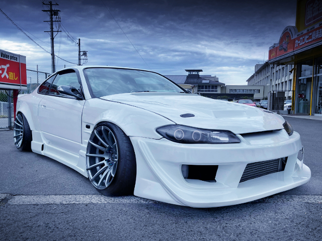 FRONT EXTERIOR of PEARL WHITE WIDEBODY S15 SILVIA.