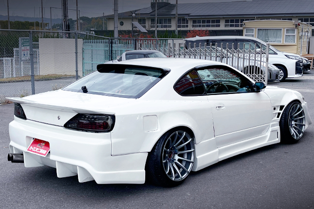 REAR EXTERIOR of PEARL WHITE WIDEBODY S15 SILVIA.