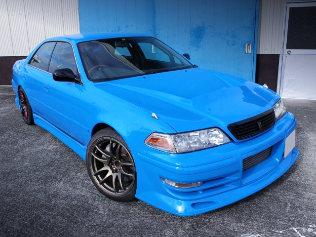 FRONT EXTERIOR of LIGHT-BLUE X100 TOYOTA MARK 2.