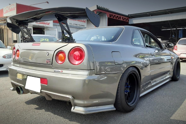 REAR EXTERIOR of GT-R STYLE WIDEBODY R34 SKYLINE COUPE.