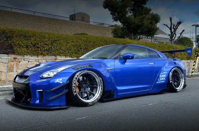 Front left-side exterior of LB-WORKS WIDEBODY R35 NISSAN GT-R WANGAN BLUE.