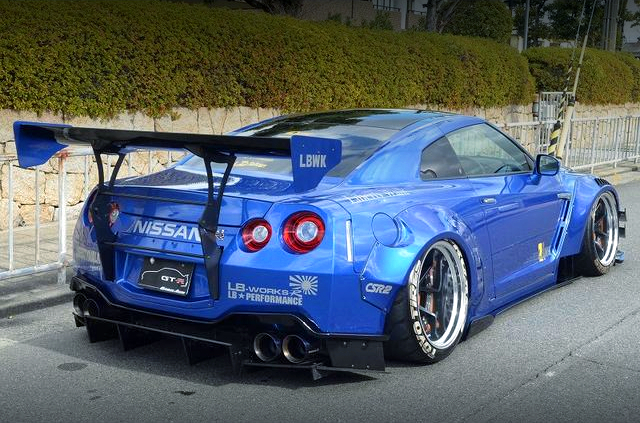 Rear right-side exterior of LB-WORKS WIDEBODY R35 NISSAN GT-R WANGAN BLUE.