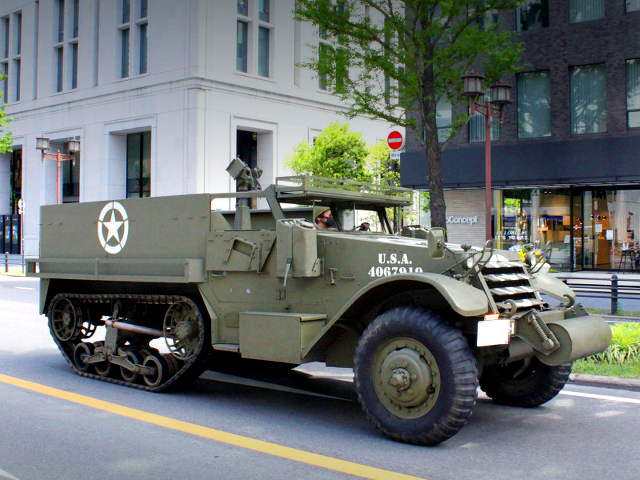 front right-side exterior of Road-worthy vehicle M9A1 half-track.