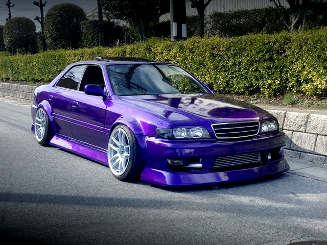Front exterior of WIDEBODY purple JZX100 CHASER.