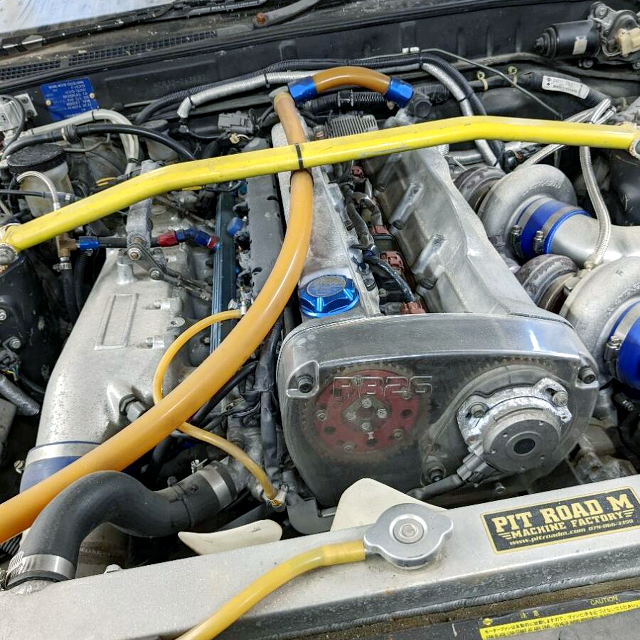 RB26 2.7L stroker and TD05 top mount twin turbo. 