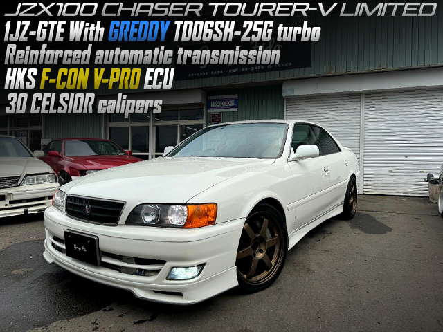1JZ-GTE With TD06SH-25G turbo, HKS F-CON V-PRO ECU､ 30 CELSIOR calipers, Reinforced Automatic transmission in the JZX100 CHASER TOURER-V LIMITED.