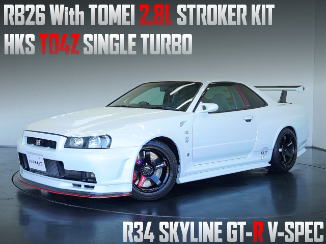 RB26 with TOMEI 2.8L stroker kit and HKS TO4Z single turbo, in The R34 SKYLINE GT-R V-SPEC.