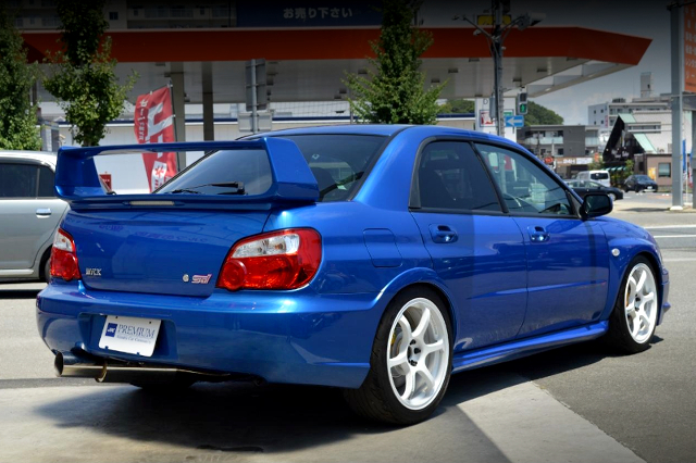 Rear exterior of GDB blob eye WRX STi.