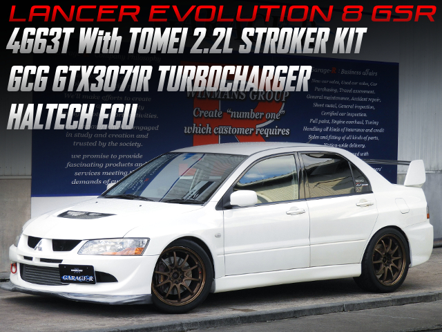 4G63T With TOMEI 2.2L STROKER KIT and GCG GTX3071R TURBOCHARGER, HALTECH ECU, in the LANCER EVOLUTION 8 GSR.