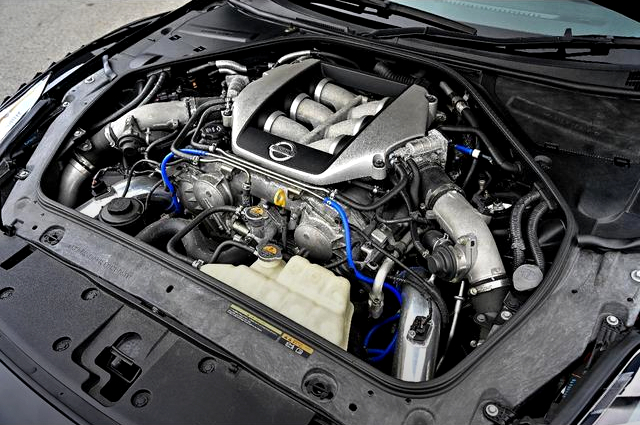 VR38DETT twin turbo engine.