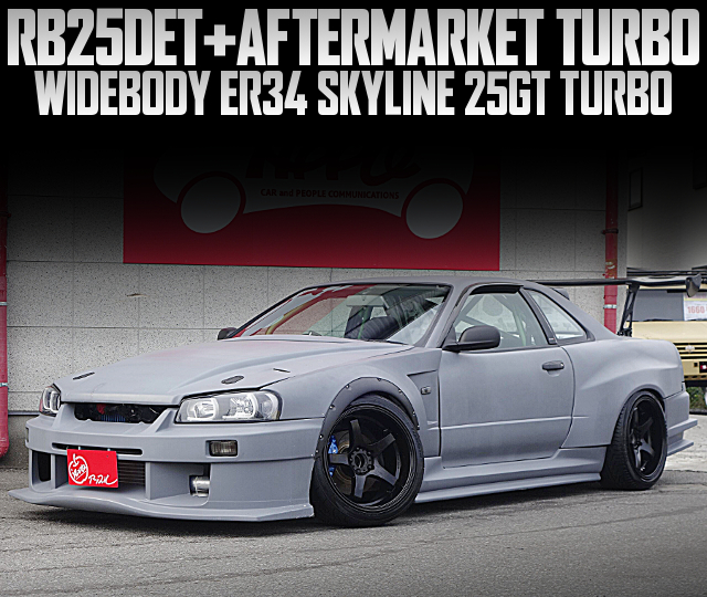 RB25DET With AFTERMARKET TURBO in the WIDEBODY ER34 SKYLINE 25GT TURBO.