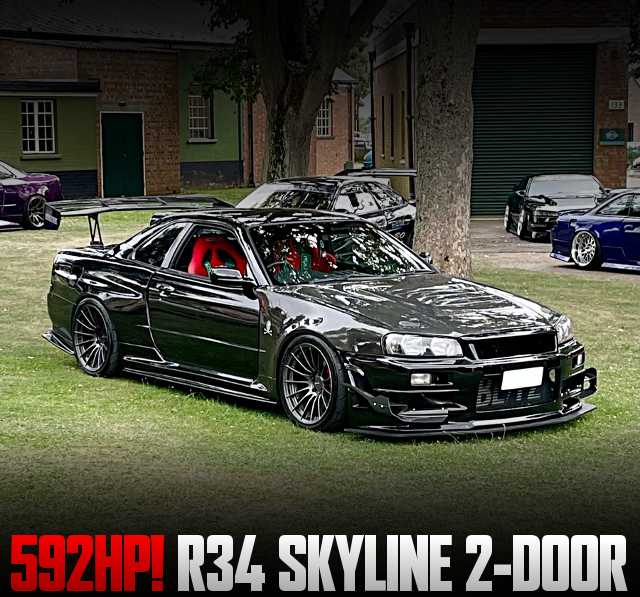 RB25 With GTX3076R Single turbo at 592HP, in the R34 SKYLINE 2-DOOR.