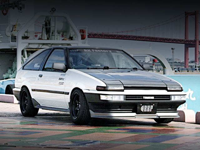 Front exterior of RK FACTORY DEMO CAR AE86 SPRINTER TRUENO GTV.