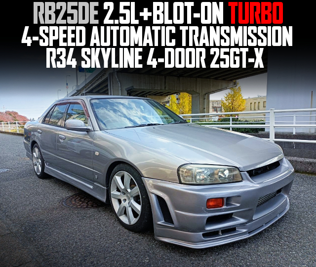 RB25DE 2.5L With BLOT-ON TURBO, 4-SPEED AUTOMATIC TRANSMISSION, in the R34 SKYLINE 4-DOOR 25GT-X.