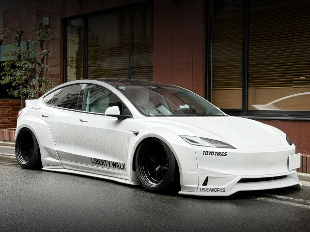 Front exterior of LB-E-WORKS WIDEBODY Tesla Model 3 Long Range AWD.